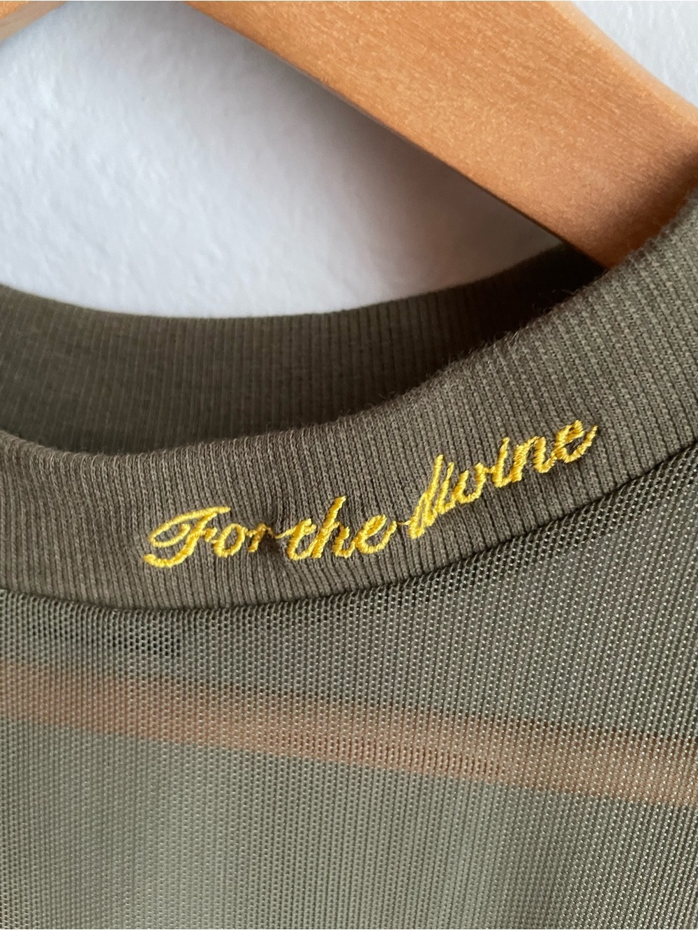 Chloé x DOMI Olive Green Sheer Mesh Top w/ embroidered Gold Script- unique - Picture 3 of 5
